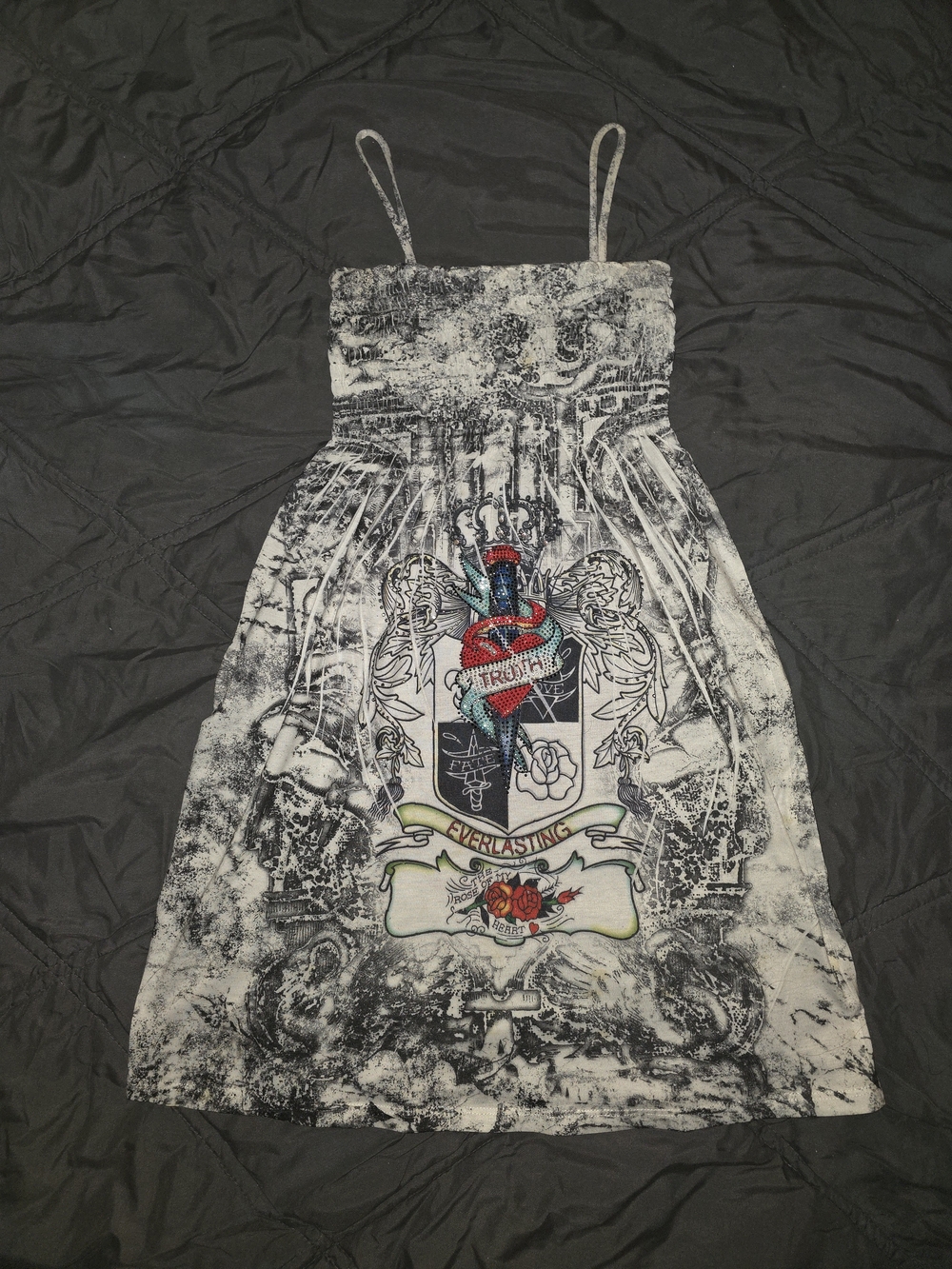 Black & White Y2K Tattoo Sublimination Dress with Embellished Heart Motif
